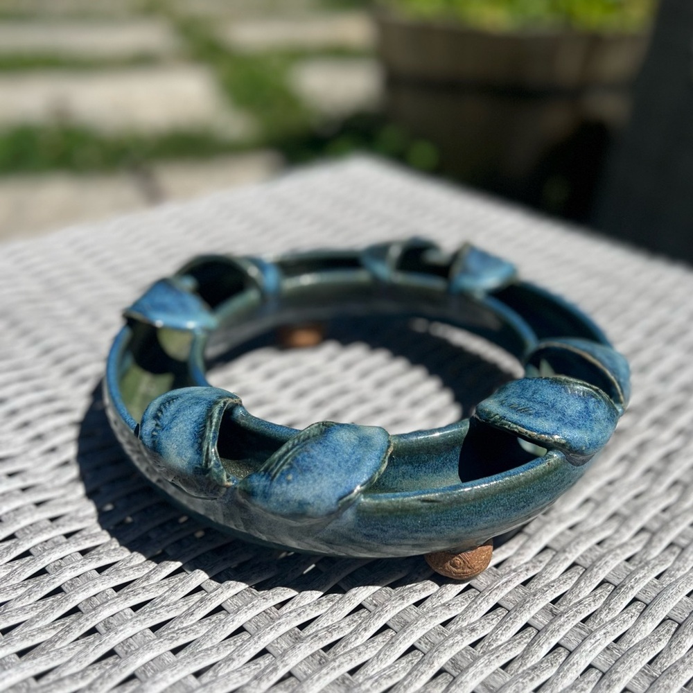 T. Lauder Pottery Signed Studio Art Ring Dish 10" Blue Green Glazed, Wisconsin